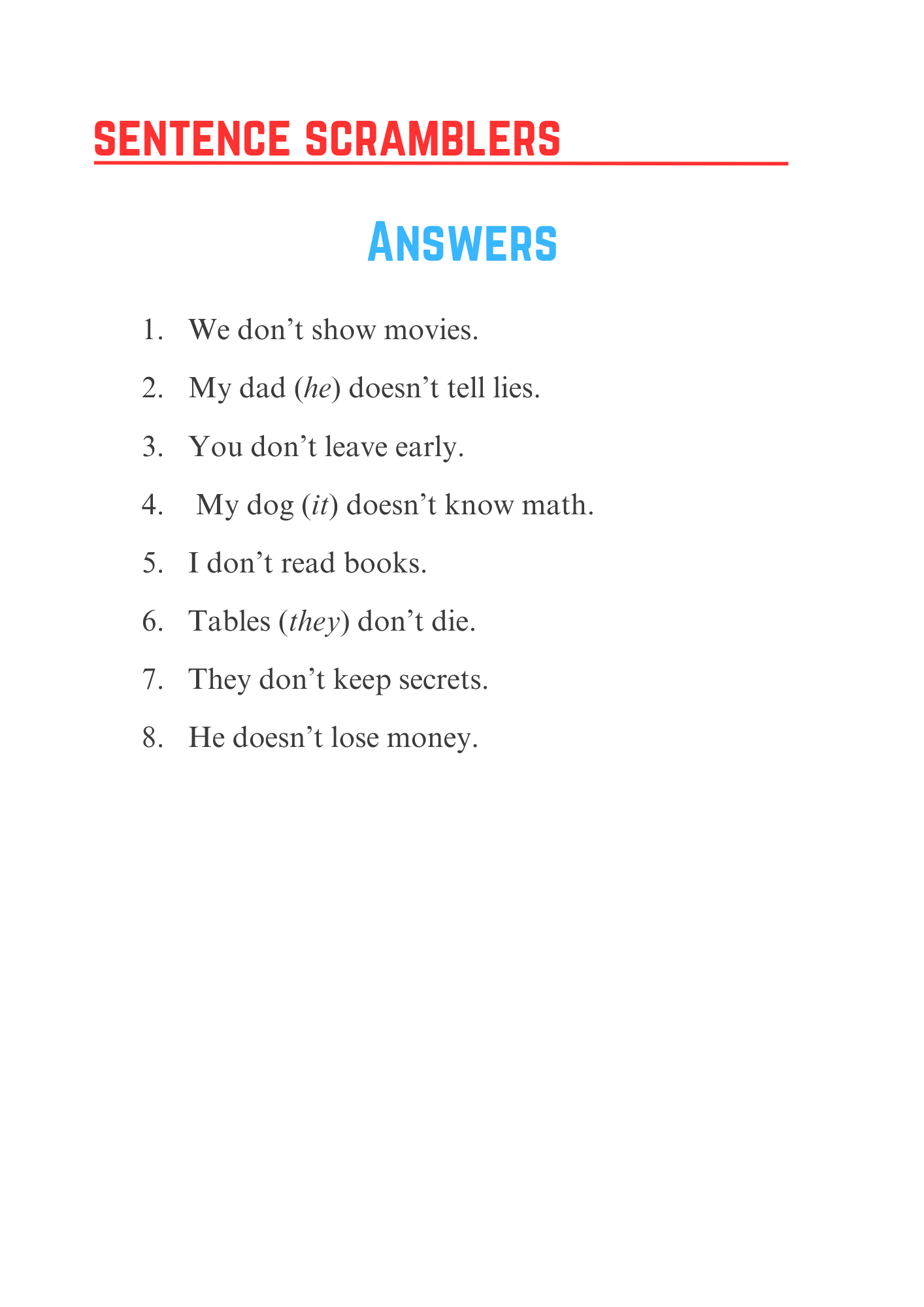 Sentence Scramblers Present Tense Negative 3