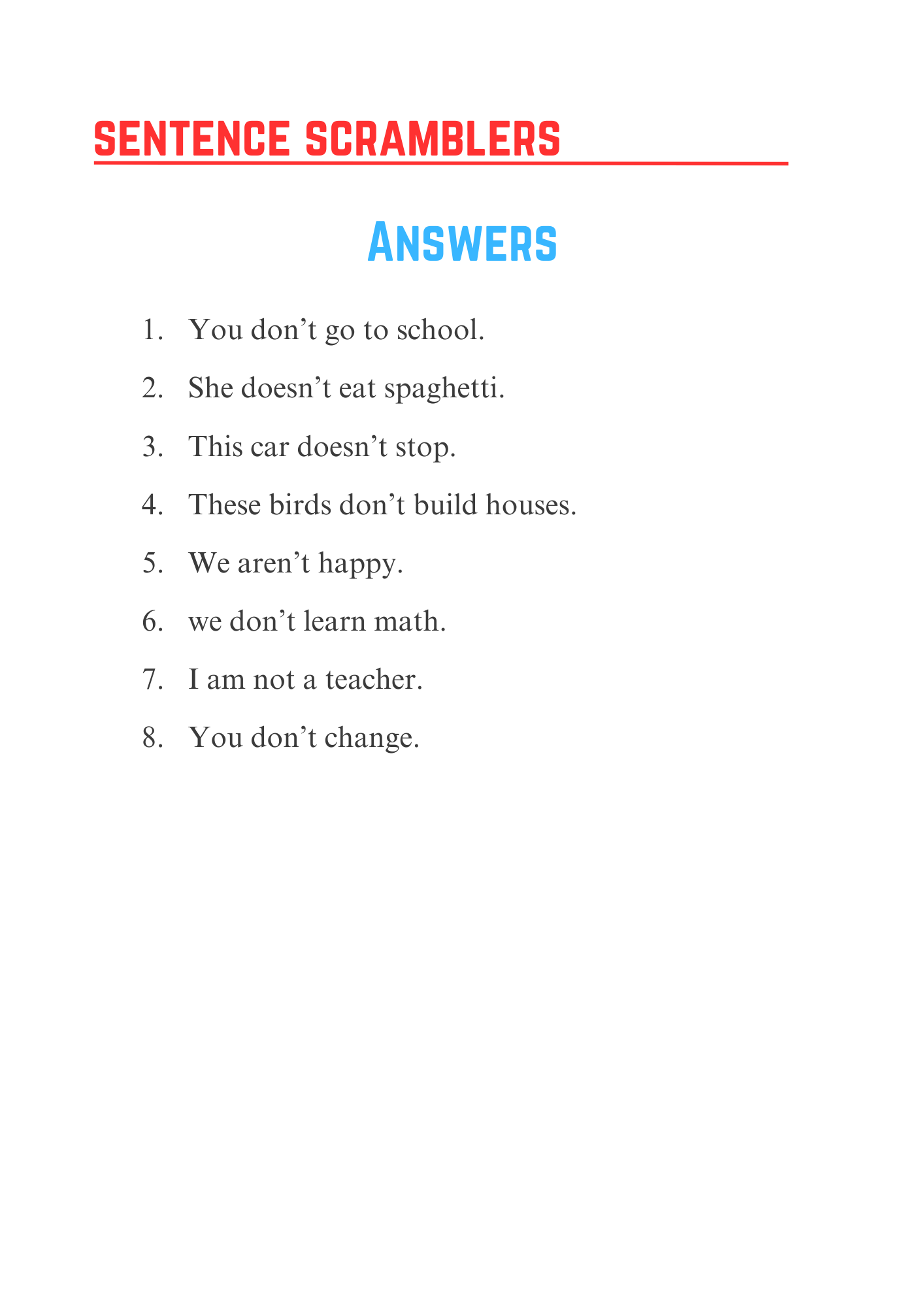 Sentence Scramblers Present Tense Negative 5