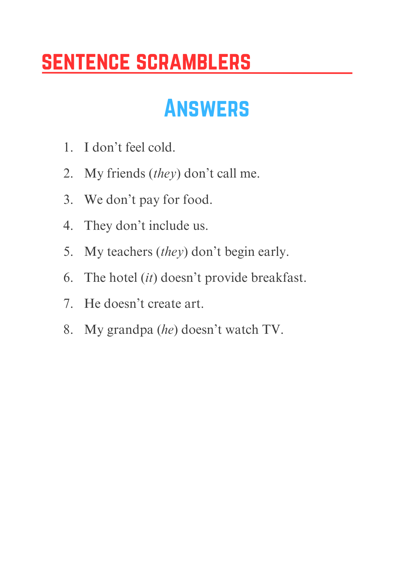 Sentence Scramblers Present Tense Negative 4