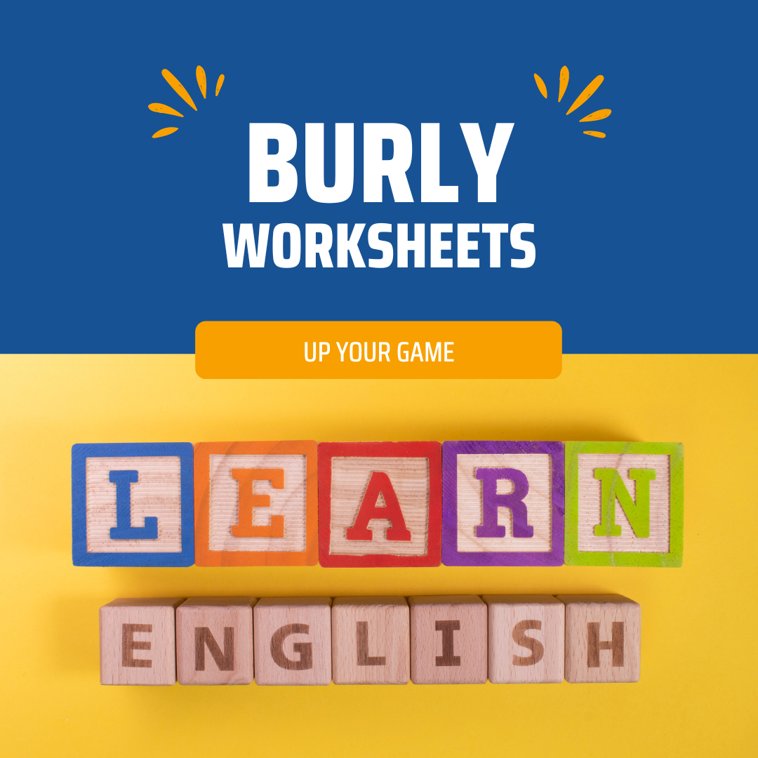 a logo saying Burly Worksheets, up your game over alphabet blocks that spell out Learn English